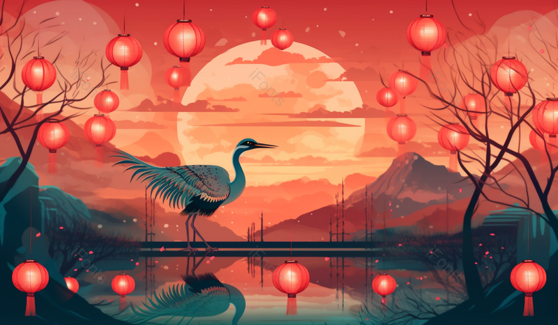 中国风山川飞鸟灯笼喜庆背景,插画/手绘图,插画/手绘图库,插画/手绘图下载,插画/手绘